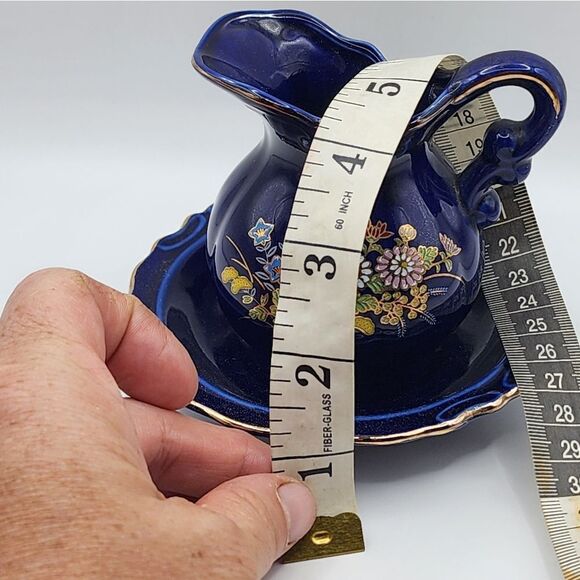 Vintage Mini Cobalt Blue Pitcher and Bowl Set Japan Floral Peacock Pattern - Picture 5 of 6